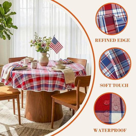 4th of July Red White and Blue Plaid Tablecloth – Waterproof Patriotic Independence Day Table Cover for BBQ, Picnic, Party, Farmhouse Kitchen & Outdoor Decor, 60" Round