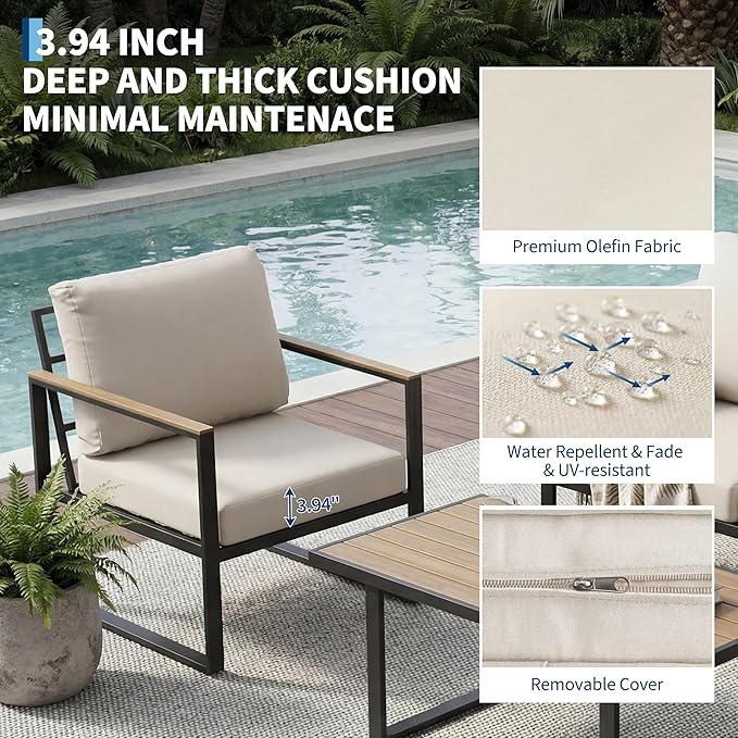 GarveeLife 4 Piece Outdoor Patio Furniture Set with Wood Coffee Table, Iron Frame Conversation Set, Beige Cushioned Chairs and Sofa for Patio, Garden, Backyard