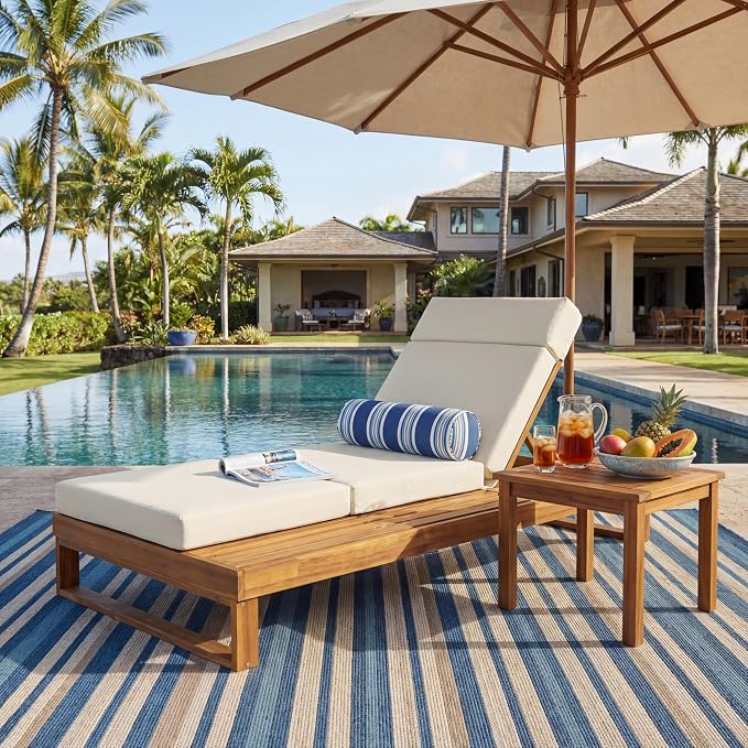 Merax Teak Finish Acacia Wood Chaise Lounge with 4-Inch Cream 4-Fold Cushion Set, Adjustable Outdoor Patio Lounger with Flat Side Surface, for Poolside