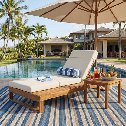 Merax Teak Finish Acacia Wood Chaise Lounge with 4-Inch Cream 4-Fold Cushion Set, Adjustable Outdoor Patio Lounger with Flat Side Surface, for Poolside