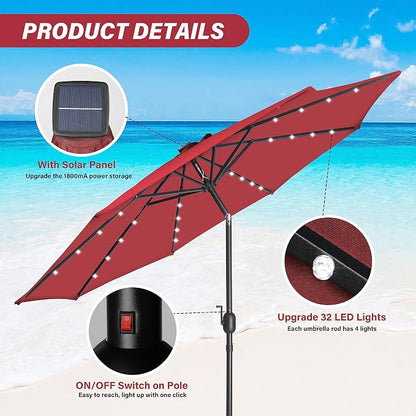 YSSOA 9' Solar Umbrella 32 LED Lighted Patio Umbrella Table Market Umbrellas with Push Button Tilt/Crank Outdoor for Garden, Deck, Backyard and Pool, Red