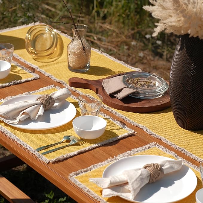 Hausattire Cotton Frayed Placemats Set of 4 Dining Table 13x19 Inch | Rustic Vintage Boho Washable Easter Placemat for Outdoor Parties BBQ's Wedding,Special Occasions, Nubby Cotton - Yellow