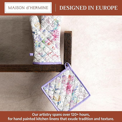 Maison d' Hermine 100% Cotton Oven Mitt & Pot Holder Set (7.5"x13" & 8"x8") Heat Resistant BBQ Cooking Gloves with Loop Baking Grilling Kitchen Hotel Home Farmhouse Spring Summer (Floral Love)