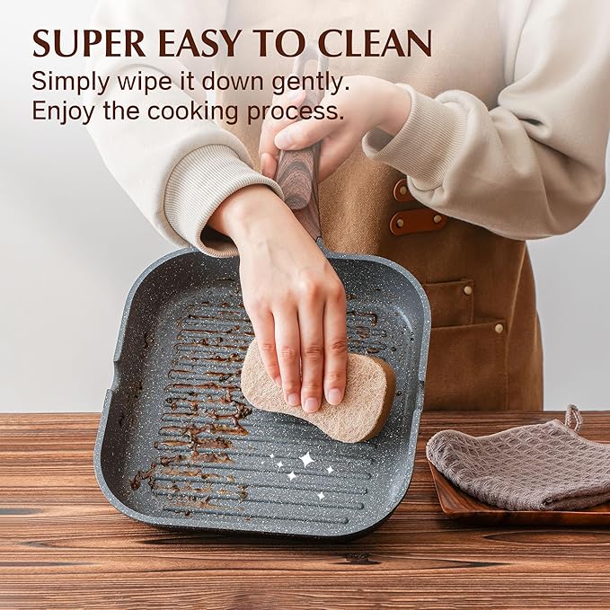 SENSARTE Nonstick Grill Pan with Lid, Grill Pan for Stove Tops, Versatile Griddle with Pour Spouts, Square Big Cooking Surface, Durable Skillet Indoor & Outdoor Grilling. PFOA Free, 9.5 Inch