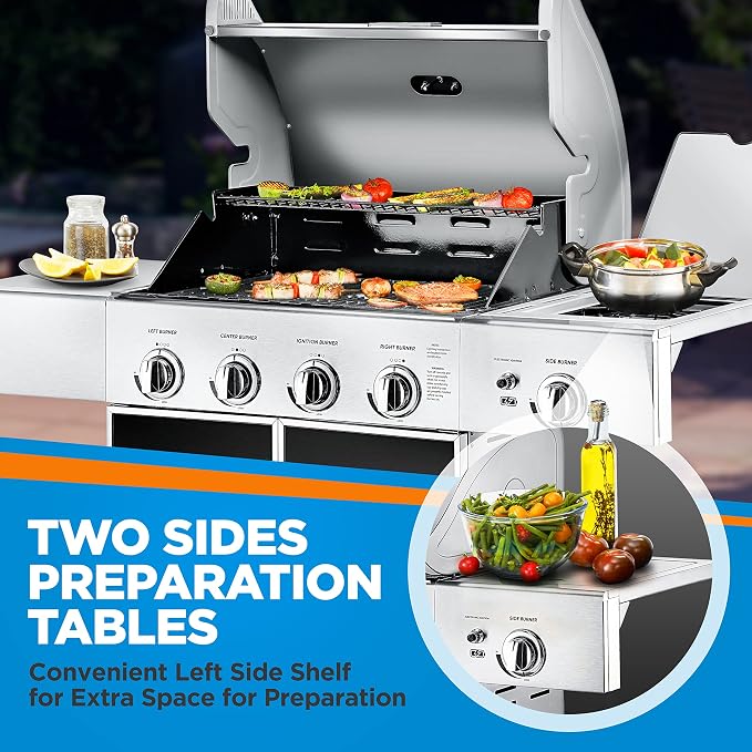 NutriChef 52,000 BTU 5-Burner Stainless Steel Propane Gas Grill with Portable Design, Electronic Ignition, Built-in Thermometer and Heavy-Duty Construction