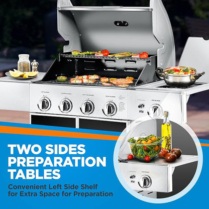 NutriChef 52,000 BTU 5-Burner Stainless Steel Propane Gas Grill with Portable Design, Electronic Ignition, Built-in Thermometer and Heavy-Duty Construction
