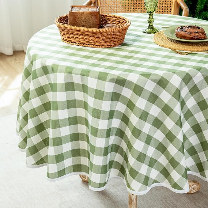 Green and White Gingham Tablecloth, Spring Plaid Waterproof Table Cover for Easter, Indoor Dining, Kitchen Table, Garden Picnic, Washable Rectangle Tablecloth for Home Use, 60" Round