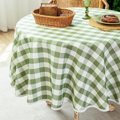 Green and White Gingham Tablecloth, Spring Plaid Waterproof Table Cover for Easter, Indoor Dining, Kitchen Table, Garden Picnic, Washable Rectangle Tablecloth for Home Use, 60" Round