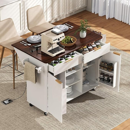 Merax Farmhouse 52 inch Kitchen Island on Wheels with Drop Leaf Table, Power Outlet, Wood Kitchen Rolling Cart with Faux Marble Top & 2 Doors & 2 Drawers, White
