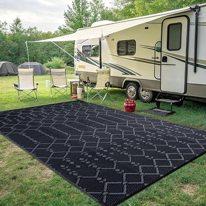 Smiry Outdoor Rug 8x10 ft Waterproof Reversible Boho Mat, Dark Grey | Polypropylene Plastic Straw, Quick Drying, Lightweight Foldable, for Patio, Deck, RV Camping, Backyard and Indoor Outdoor Use