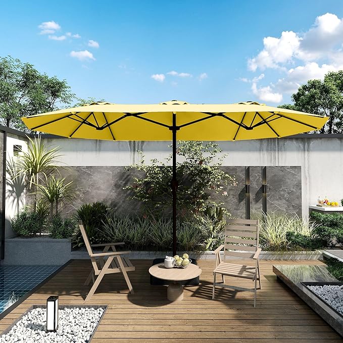 Kingdura 15ft Large Patio Umbrella with Base Included, Double-Sided Rectangle Outdoor Table Umbrella with 12 Reinforced Ribs, Crank Lift for Market Pool Deck Backyard, Yellow