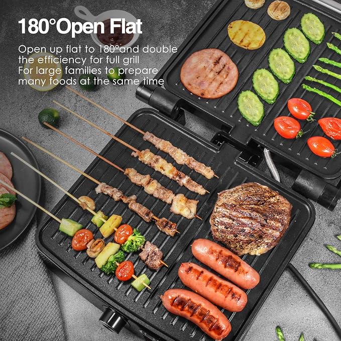 OSTBA Panini Press Grill, 4-Slice Sandwich Maker with Nonstick Plates | 1200W Heating with Adjustable Temperature, 180° Opening, Drip Tray, Stainless Steel, Easy Cleanup