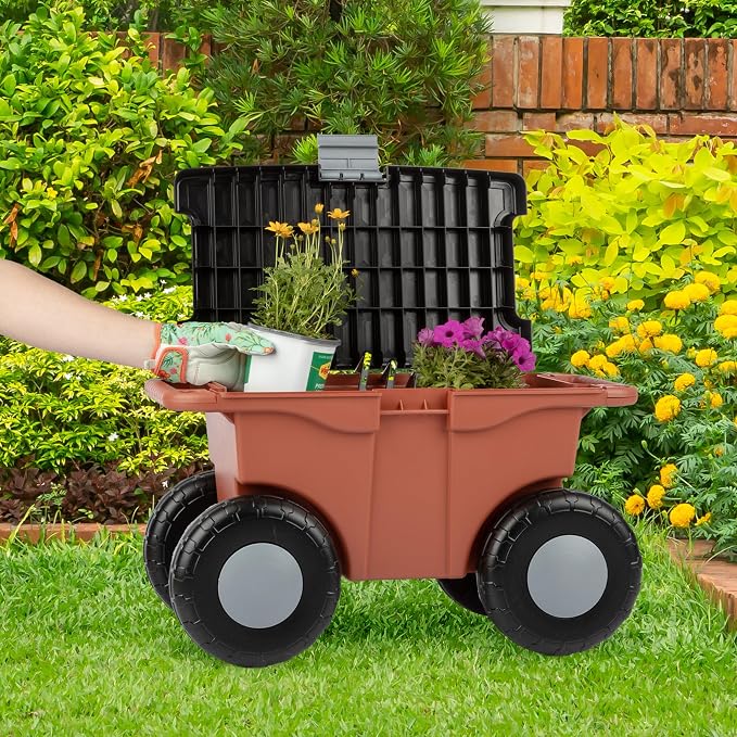 Pure Garden Rolling Garden Cart with Seat, Terracotta | Plastic Garden Bench with Tool Tray for Storage - Gardening Stool for Weeding or Planting