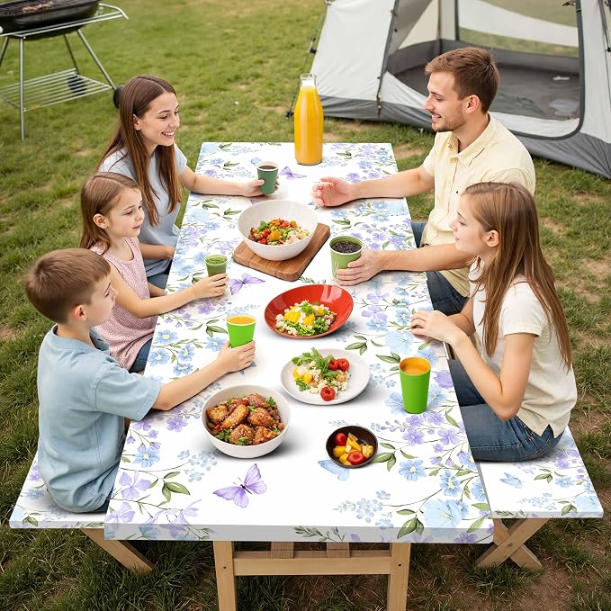Fitted Picnic Table Cover with Bench Covers Elastic Waterproof Oil-Proof VintageTablecloths for 6 Foot Rectangle Tables Dining Outdoor Patio Camping Essentials