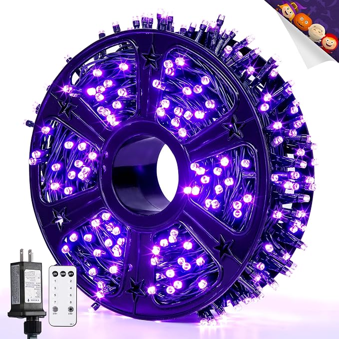 JMEXSUSS 400 LED Purple Halloween Lights Outdoor Plug in | 132ft Halloween String Lights with Remote, Green Wire Purple Christmas Lights for Christmas Halloween Decorations
