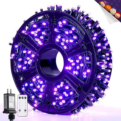 JMEXSUSS 400 LED Purple Halloween Lights Outdoor Plug in | 132ft Halloween String Lights with Remote, Green Wire Purple Christmas Lights for Christmas Halloween Decorations