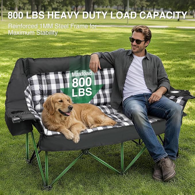 HOPERAN Double Camping Chair 800lbs Camping Couch Folding Loveseat, Black | 59" Wide Seat, 600D Fabric, Thickened Padding, Cooler Bag, Side&Rear Pocket, Cup&Wine Glass Holder, for Lawn Patio Beach