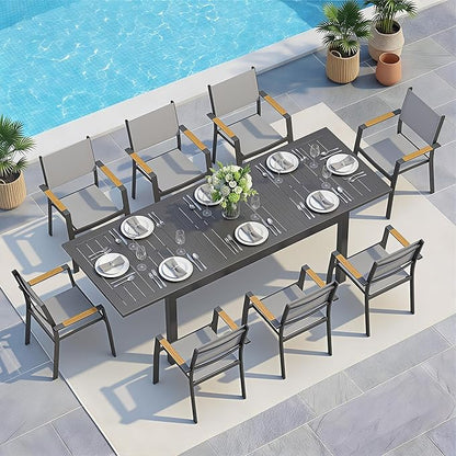 Wisteria Lane 9 Piece Aluminum Outdoor Dining Sets with 3-Adjustable Length Dining Table, 92" L×33.5" W Expandable Patio Table and Chairs Set for 8, Stackable Chairs with Quick Drying Fabric, Grey