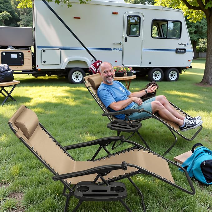 Greesum Zero Gravity Chairs Set of 2 Adjustable Steel Mesh Recliners Beach Deck Lawn Camping Patio Foldable Lounge Chair with Cup Holder Trays and Pillows,Cream-Coloured