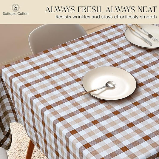 Brown Beige and White Gingham Check Tablecloth, 60x84 Inches, Reusable Farmhouse Table Linen, 100% Cotton, Washable, Plaid Table Cover for Rustic Décor, Weddings, Everyday Dining