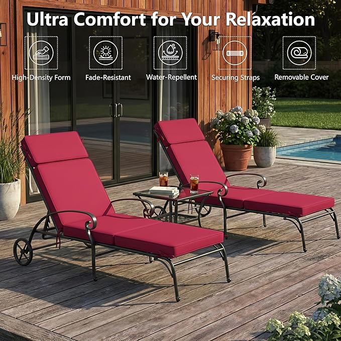 72 x 21 Inch Outdoor Chaise Lounge Cushions Set of 2 - Removable Cover, 4-Section Design, Water-Repellent & Fade-Resistant, 6 Tie Straps, Replacement for Patio & Pool Chairs - Burgundy