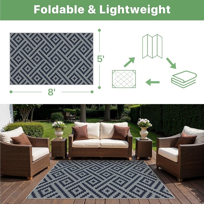 GENIMO Outdoor Rug, Waterproof Plastic Rugs for Patio, 5'x8' Cloud Blue | Outside Larger Modern Carpet Mat for Porch Decor, Deck, Balcony, Camping, RV, Backyard, Picnic, Beach, Reversible, Foldable