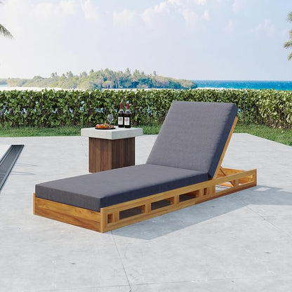 Merax Patio Chaise Lounge with Adjustable Backrest & Cushion, Acacia Wood Recliner Chair with Teak Finish for Backyard Pool Garden