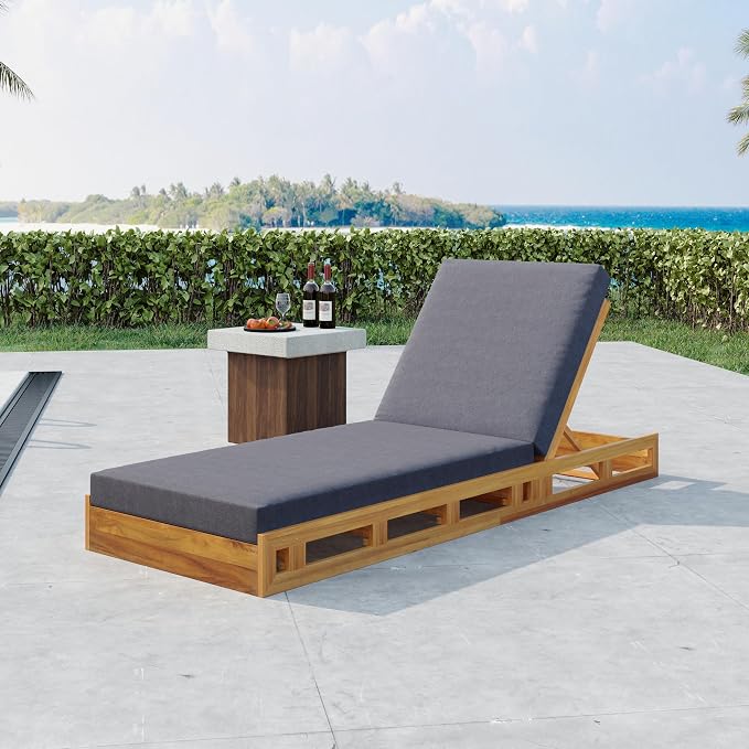 Merax Acacia Wood Chaise Lounge Chair Outdoor Set of 4, Patio Recliner with 4 Position Adjustable Backrest and 4" Thick Double-fold Cushion
