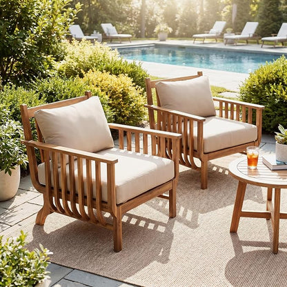 Christopher Knight Home Acacia Wood Outdoor Patio Club Chair Set of 2, Mid Century Modern Deep Seating Lounge Chairs with Armrests, Cushions & Back Pillows for Porch Balcony Backyard, Natural+Beige