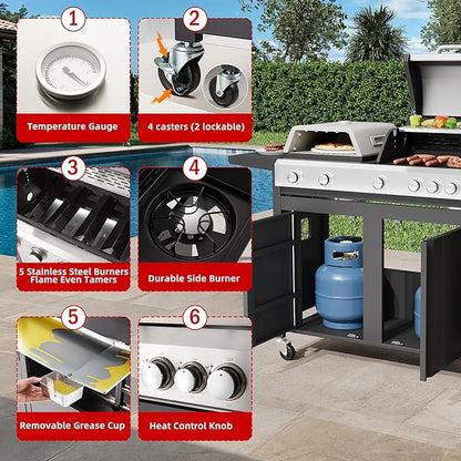 MELLCOM 3 IN 1 Pizza Griddle Grill Combo, 74,000 BTU 5-Burner Stainless Steel Propane Gas Grill with Side Burner, Porcelain Enameled Cast Iron Grates, Griddle & Pizza Oven for Outdoor Patio Backyard