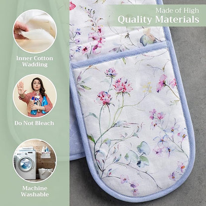 Maison d' Hermine Double Oven Mitts 100% Cotton 7"x35" Double Oven Mitt Heat Resistant BBQ Cooking Gloves with Loop Baking Grilling Kitchen Hotel Home Farmhouse Spring Summer (Summer Floral)
