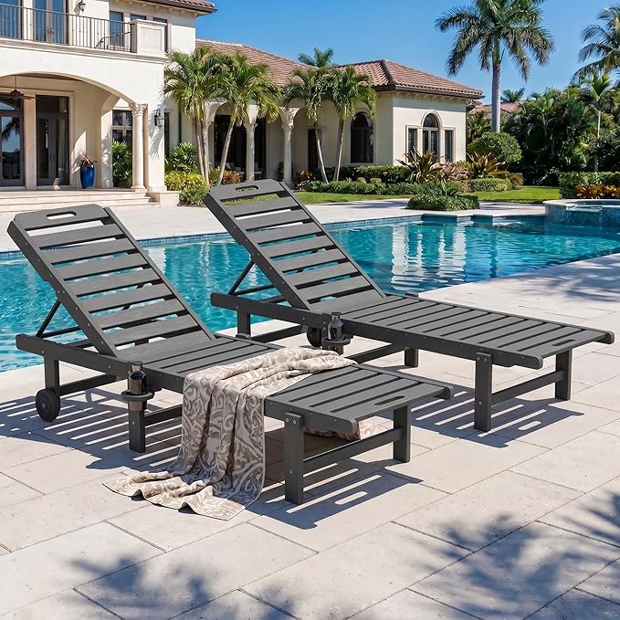 SERWALL HDPE Outdoor Chaise Lounge Set of 2 with Cup Holder & Wheels, Grey | Weather-resistant chaise lounge resists fading, with 5-level adjustable back, cup holder and wheels.