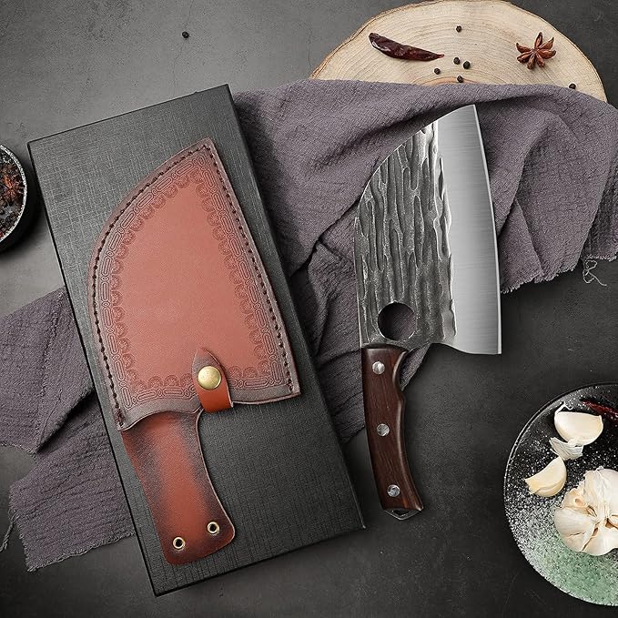ROCOCO Serbian Chef Knife 6.5" Butcher Knife Japanese Full Tang Boning Chopping Viking Cleaver with Sheath for Kitchen Outdoor BBQ Camping Father Mother Christmas Gift Gift Men