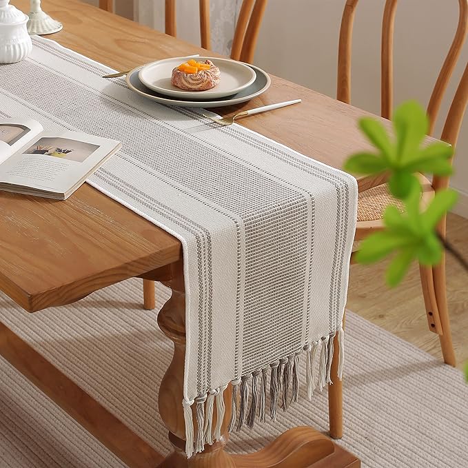 Caflife Boho Table Runner Natural Stripe for Modern Farmhouse Coffee Table Decor, Rustic Woven Runner with Handcrafted Tassels for Home Dining Table décor 13 x 72 Inch Long