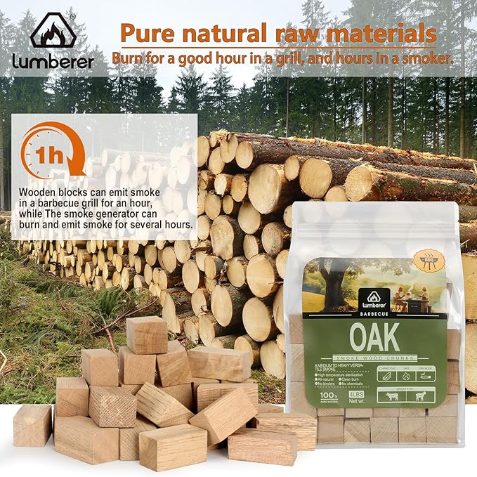Lumberer Oak Smoking Chunks – Medium-Heavy Smoke for All Meats – 100% Natural Wood, Long Burn – 4LBS Heat-Treated & Purified