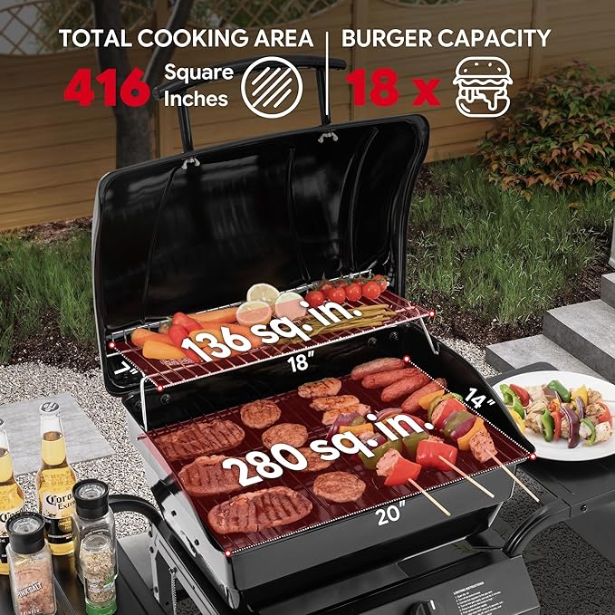 Outdoor grill with food and cooking statistics on a patio