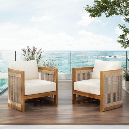 Christopher Knight Home Dora Set of 2 Patio Club Chair with Cushions, Acacia Wood Lounge Chair Outdoor, Woven Accents, Curved Design Side Chair for Balcony Backyard Garden Poolside, Beige + Teak
