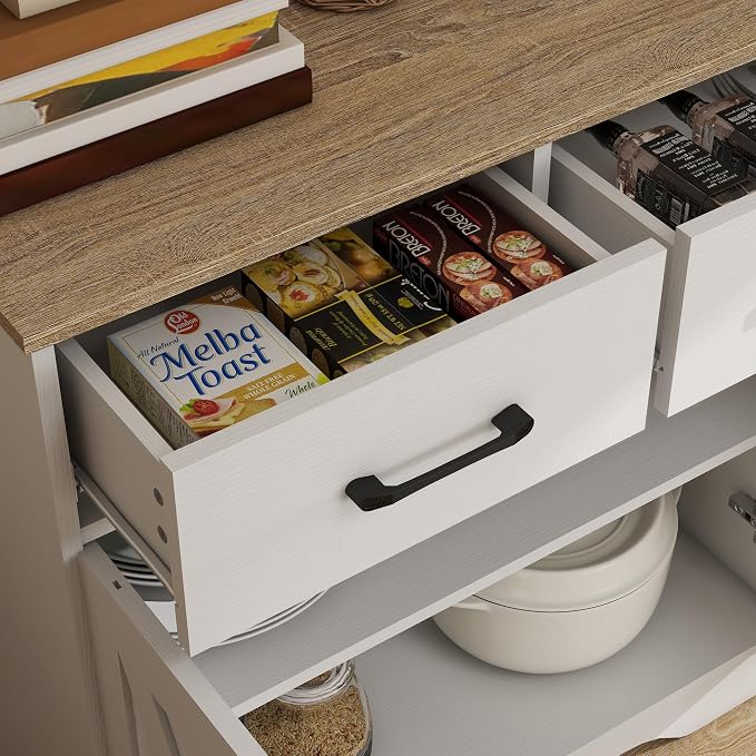Panana Sideboard 2 Drawers 2 Doors Entryway Storage Cabinet Living Room Organizer Farmhouse Style Wooden Kitchen Cupboard (White)