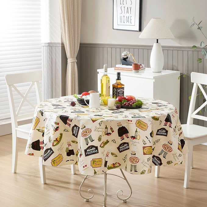 Newbridge 70 Inch Round Vinyl Tablecloth with Flannel Backing, Italian Bistro Chef, Novelty Chef Indoor Outdoor Waterproof Table Cover for Picnic, Barbecue, Patio and Kitchen Dining, Ivory