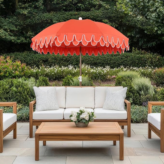 JONATHAN Y Horizon 6.5 ft. Scalloped Fringe Beach Umbrella, Coral Red | UV 50 Sun Protection, Push Button Tilt, Matching Carry Bag, Brown Wood Finish Pole, Wind Vent, 8 Fiberglass Ribs, Pointed End