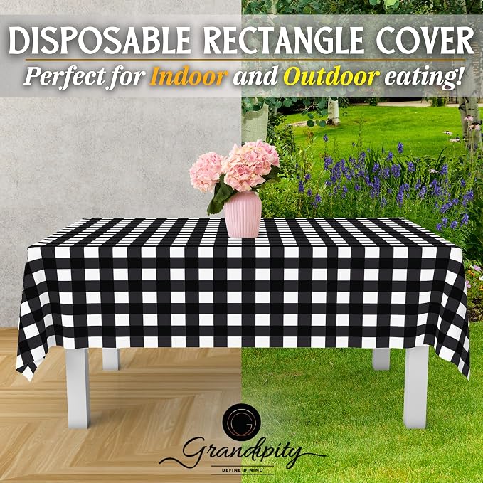 Grandipity 12 Pack Premium Disposable Plastic Tablecloth 54 Inch. x 108 Inch. Decorative Rectangle Checkered Table Cover - Black Checkered Gingham