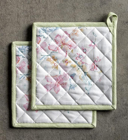 Maison d' Hermine Pot Holders 100% Cotton Heat Resistant Potholders 8" x 8" Hot Pads with Loop BBQ Cooking Baking Hotel Farmhouse Kitchen Handling Hot Pans Spring Summer (Pack of 2, Paradise Island)