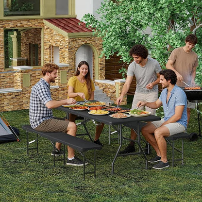 VSOAEIL 6 Foot Folding Picnic Table Set with 2 Benches, Camping Table Chair Set, HDPE Rattan Pattern Top, 3-Piece Portable Indoor Outdoor Furniture with Safety Locks & Handle for Party Camping, Black