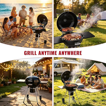 Kettle Charcoal Grill with Porcelain-Enameled Lid & Ash Cup, Adjustable Vents, Foldable Side Table for Outdoor Barbecue, Patio and Picnics, Black