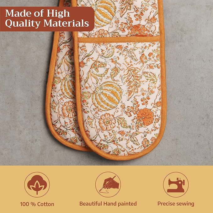 Maison d' Hermine Double Oven Mitts 100% Cotton Double Oven Glove (7"x35") | Heat Resistant BBQ Cooking Gloves with Loop Baking Kitchen Home Hotel Farmhouse Thanksgiving Christmas - Pumpkin Spice