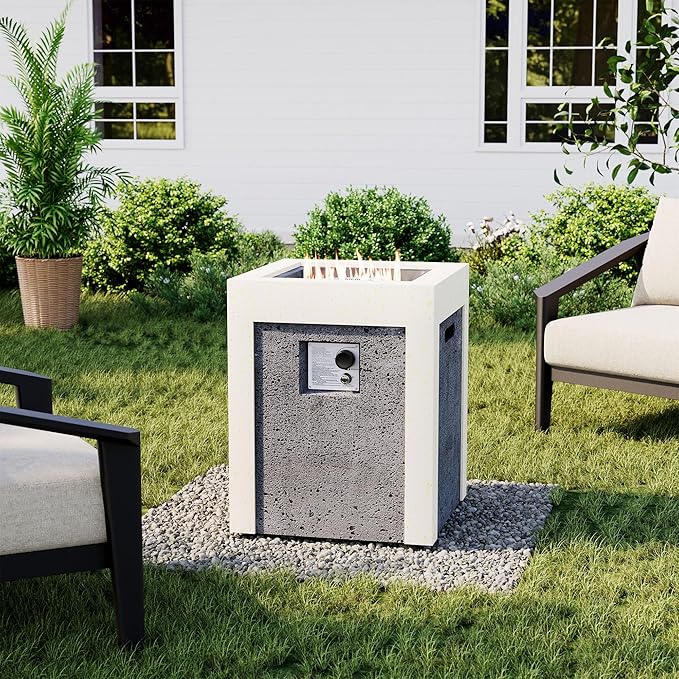 COSIEST Outdoor Propane Fire Pit Table w Compact Ledgestone 19-inch Square Graphite Base with Waterproof Cover, Certified, 40,000 BTU, Free Lava Rocks, Touch-up Pen, Fits 20lb (Grey&White)