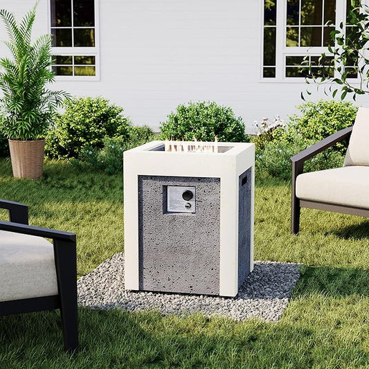 COSIEST Outdoor Propane Fire Pit Table w Compact Ledgestone 19-inch Square Graphite Base with Waterproof Cover, Certified, 40,000 BTU, Free Lava Rocks, Touch-up Pen, Fits 20lb (Grey&White)