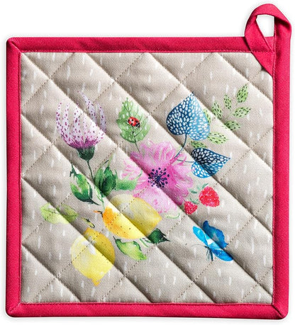 Maison d' Hermine Pot Holders 100% Cotton Potholders (8" x 8", Pack of 1) | Heat Resistant Hot Pads with Loop BBQ Cooking Baking Farmhouse Kitchen Handling Hot Pans Spring Summer - Jardin D'Ete - Fog