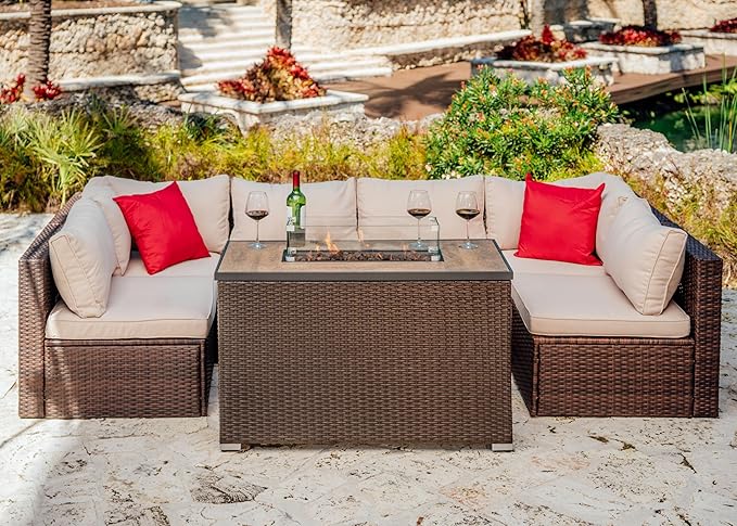 Nestl 43 Inch Fire Pit for Outdoor - 50,000 BTU Outdoor Propane Fire Pit Table with Lid, Rain Cover & Lava Rocks - Patio Fire Pit Table with Tempered Glass for Backyard Gatherings - Brown