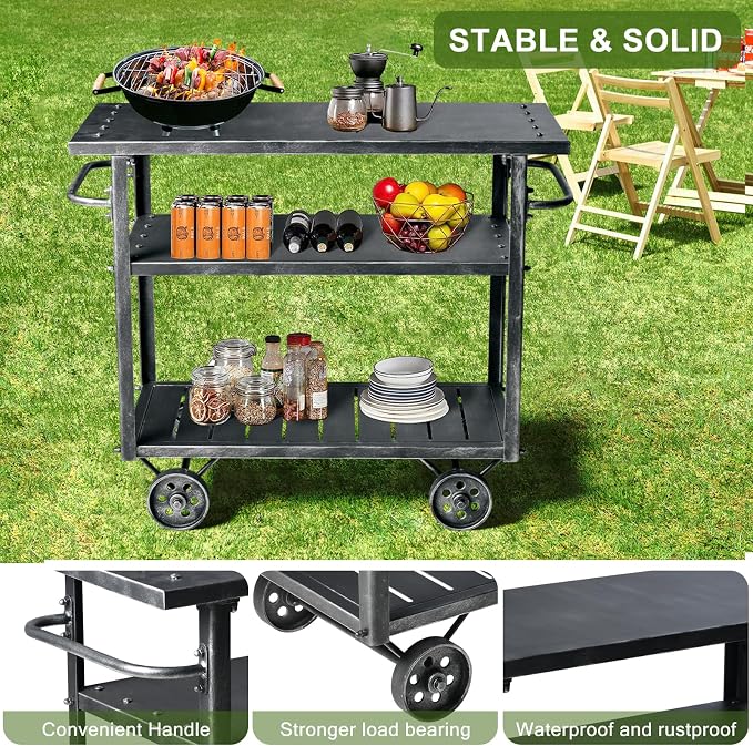Industrial 3 Tier Rolling Utility Storage Cart Wine Beverage, Metal Wine Rack with Wheels Kitchen Bar Dining Room Tea Wine, Serving Cart
